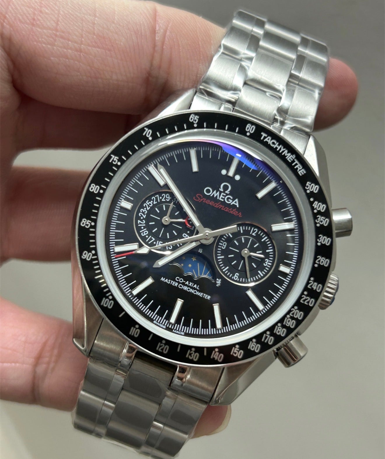Reloj calidad AAA cronógrafo de lujo Omega Speedmaster Moonphase Co-Axial Master Chronometer.