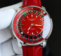 Lujoso reloj de pulsera inspirado en el modelo Casino de Jacob & Co., que destaca por su llamativa esfera roja con un diseño de ruleta funcional.